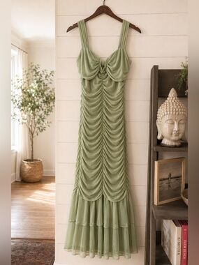 Green Ruched Maxi Dress with Tiered Hem